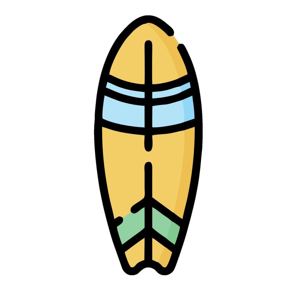A surfboard is shown in a flat style vector