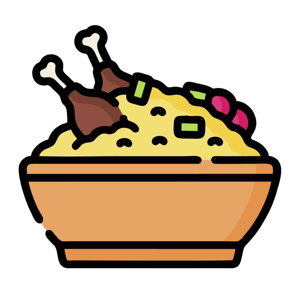 A bowl of rice with chicken and vegetables vector