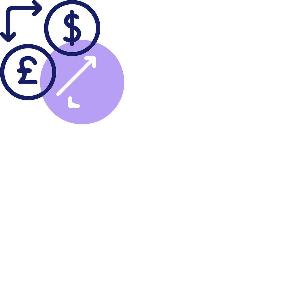 A purple circle with a dollar sign, a pound sign and a euro sign vector