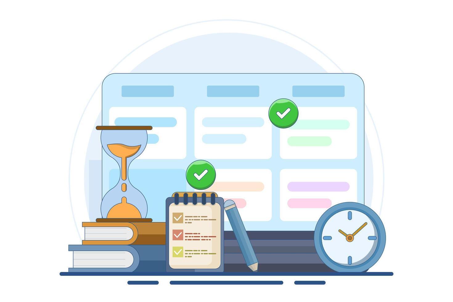Schedule planning concept. flat illustration banner. Work tasks, filling checklist, making schedule using calendar. To-do list. Business and organization. Flat illustration. vector