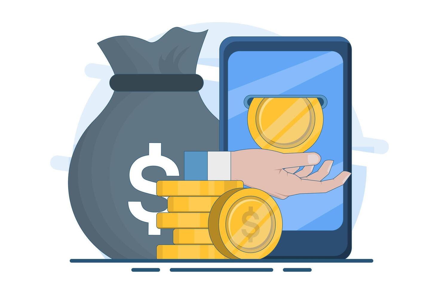 Concept of making money online, Smart phone in businessman's hand, gold coins, digital marketing. Bag with cash. Business finance budget concept. Flat on background. vector