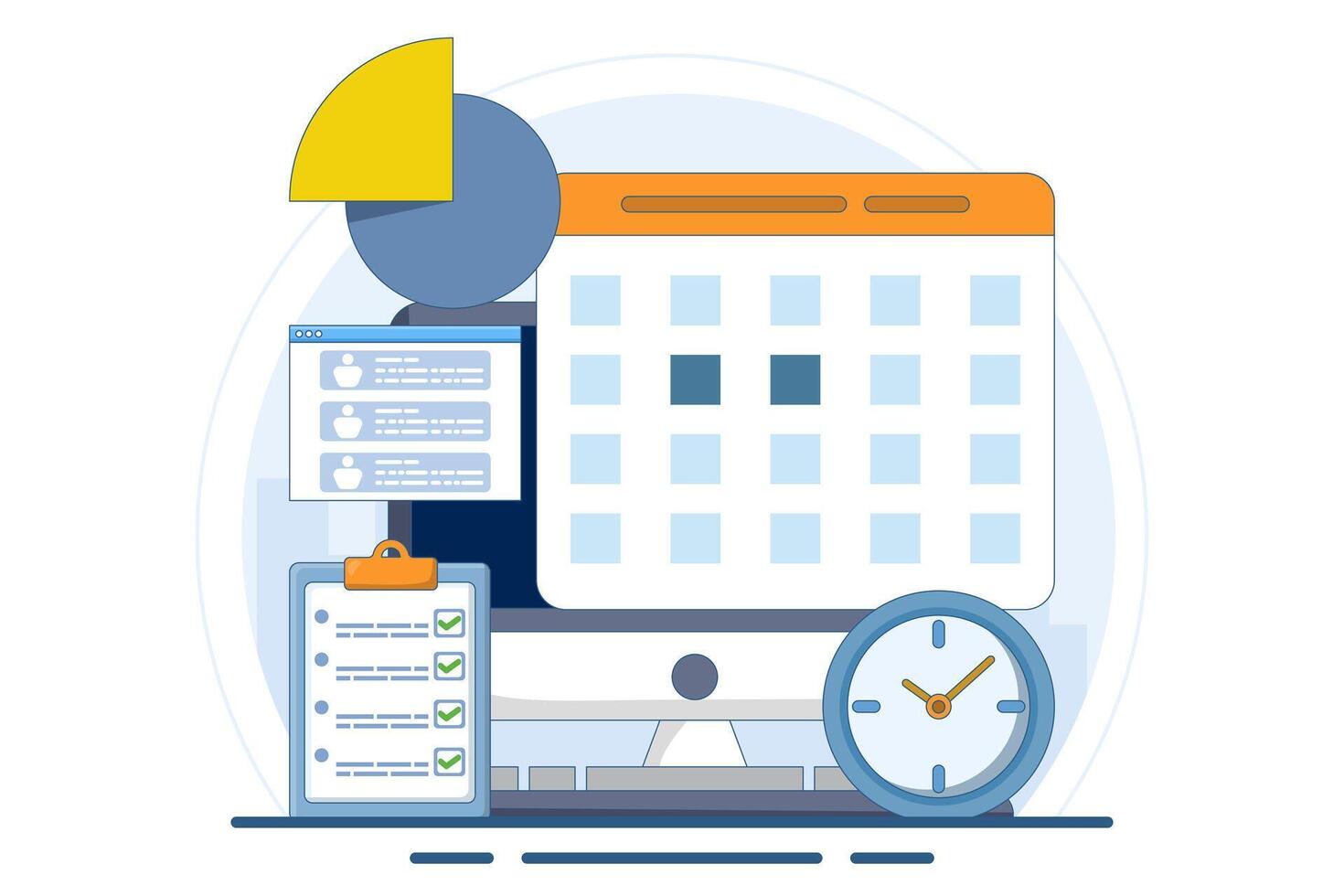 Business planning concept, business team working with online digital calendar. Planning Schedule, Leaving Notes, Managing and Organizing Work and Time. Time management. Flat illustration. vector