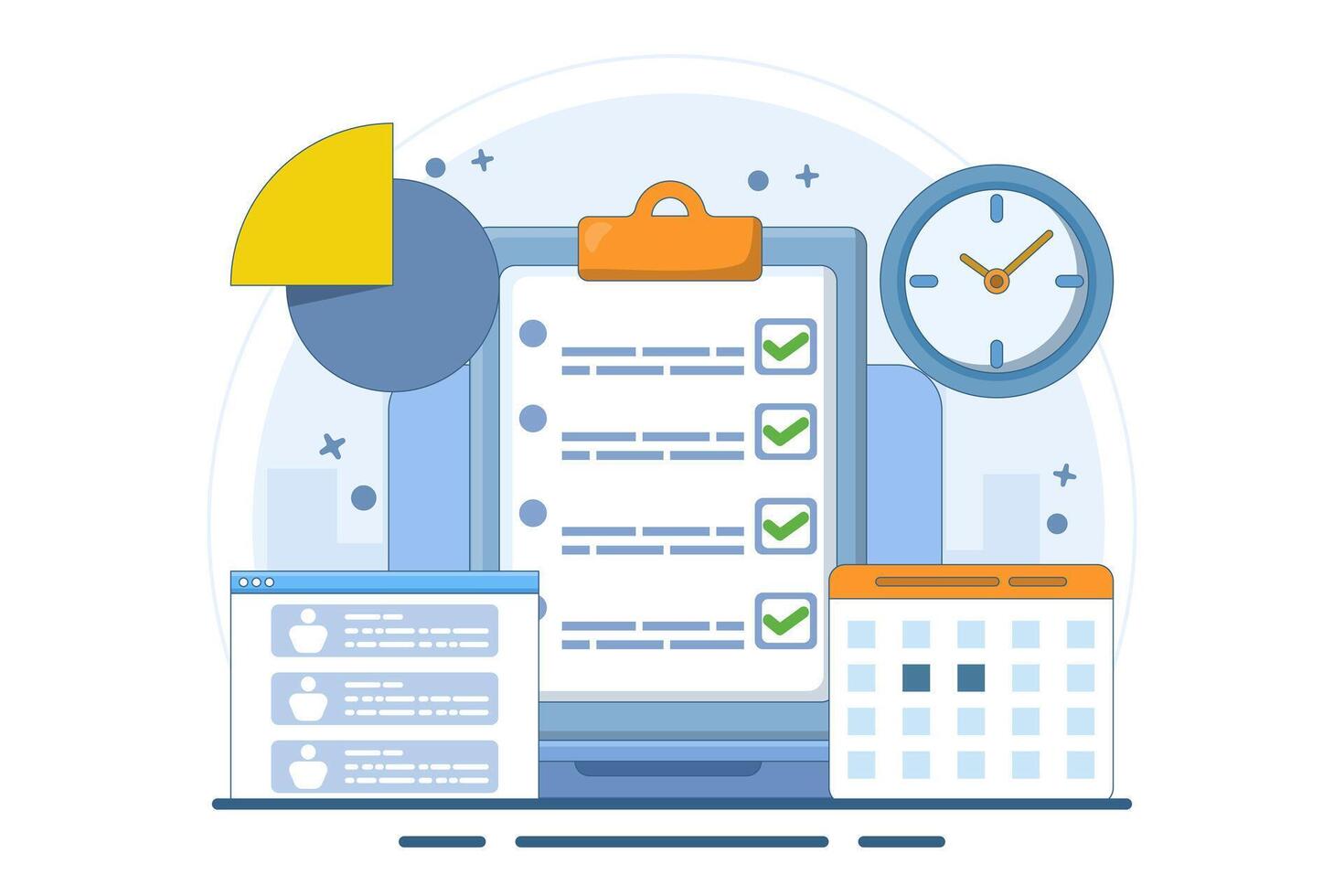 Business planning concept, business team working with online digital calendar. Planning Schedule, Leaving Notes, Managing and Organizing Work and Time. Time management. Flat illustration. vector