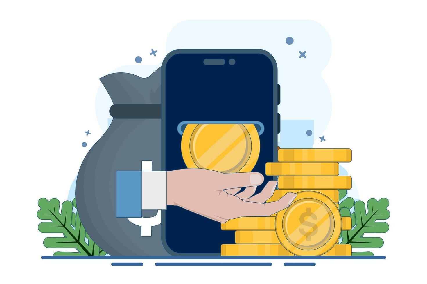 Concept of making money online, Smart phone in businessman's hand, gold coins, digital marketing. Bag with cash. Business finance budget concept. Flat on background. vector