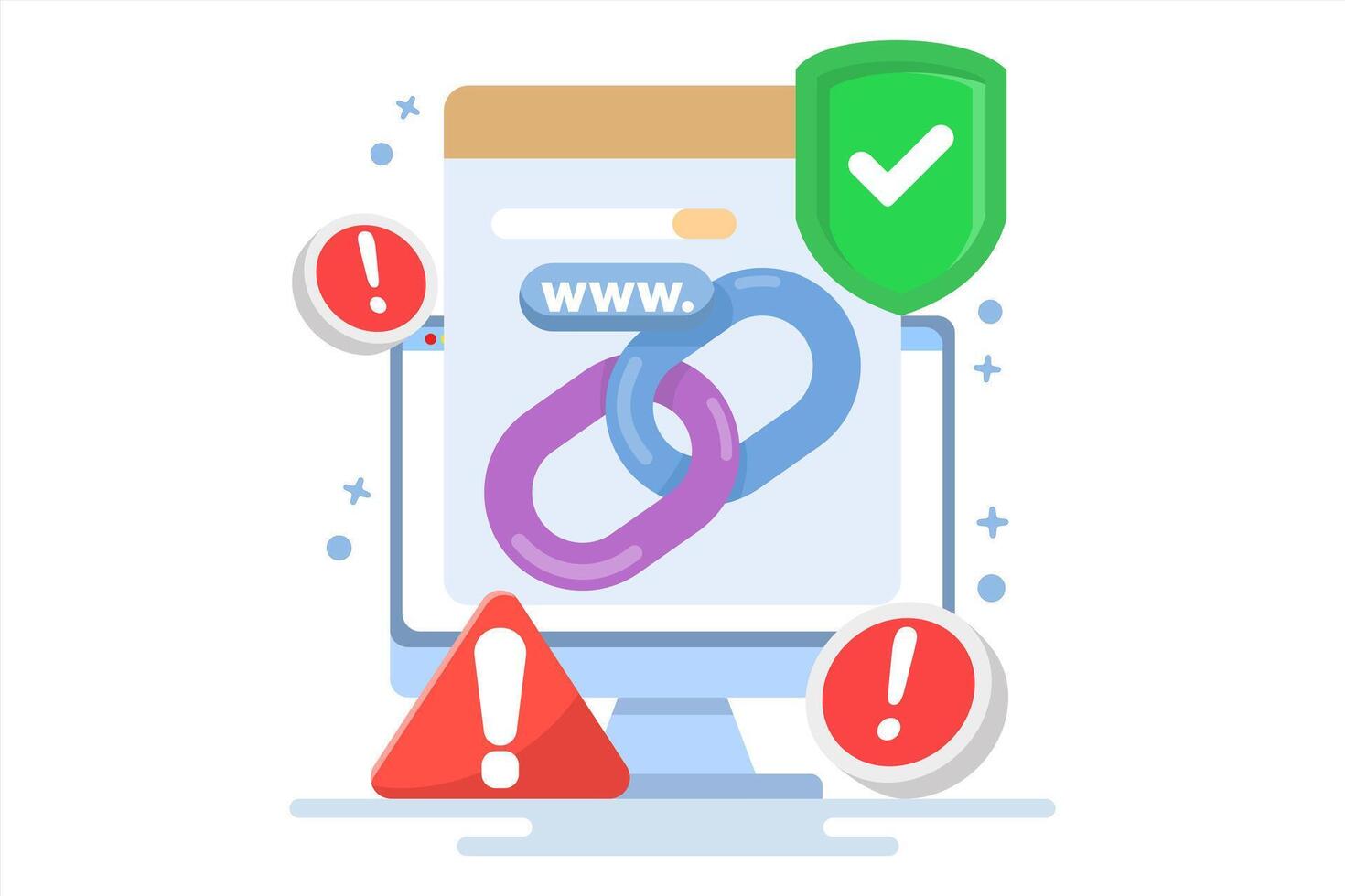 concept of protection from malicious links. unsafe website addresses. dangerous and suspicious url addresses. chain with shield symbol and warning sign. flat illustration. vector