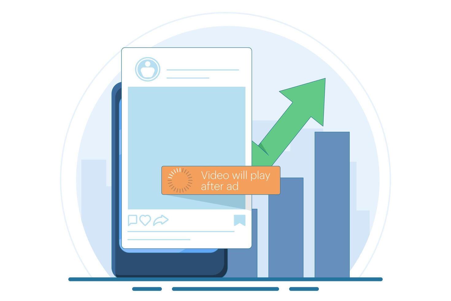 Unskippable Social Media Ads Concept. In-stream short ads that viewers have to watch while watching the . Digital marketing business promotion is running with online broadcasting. vector