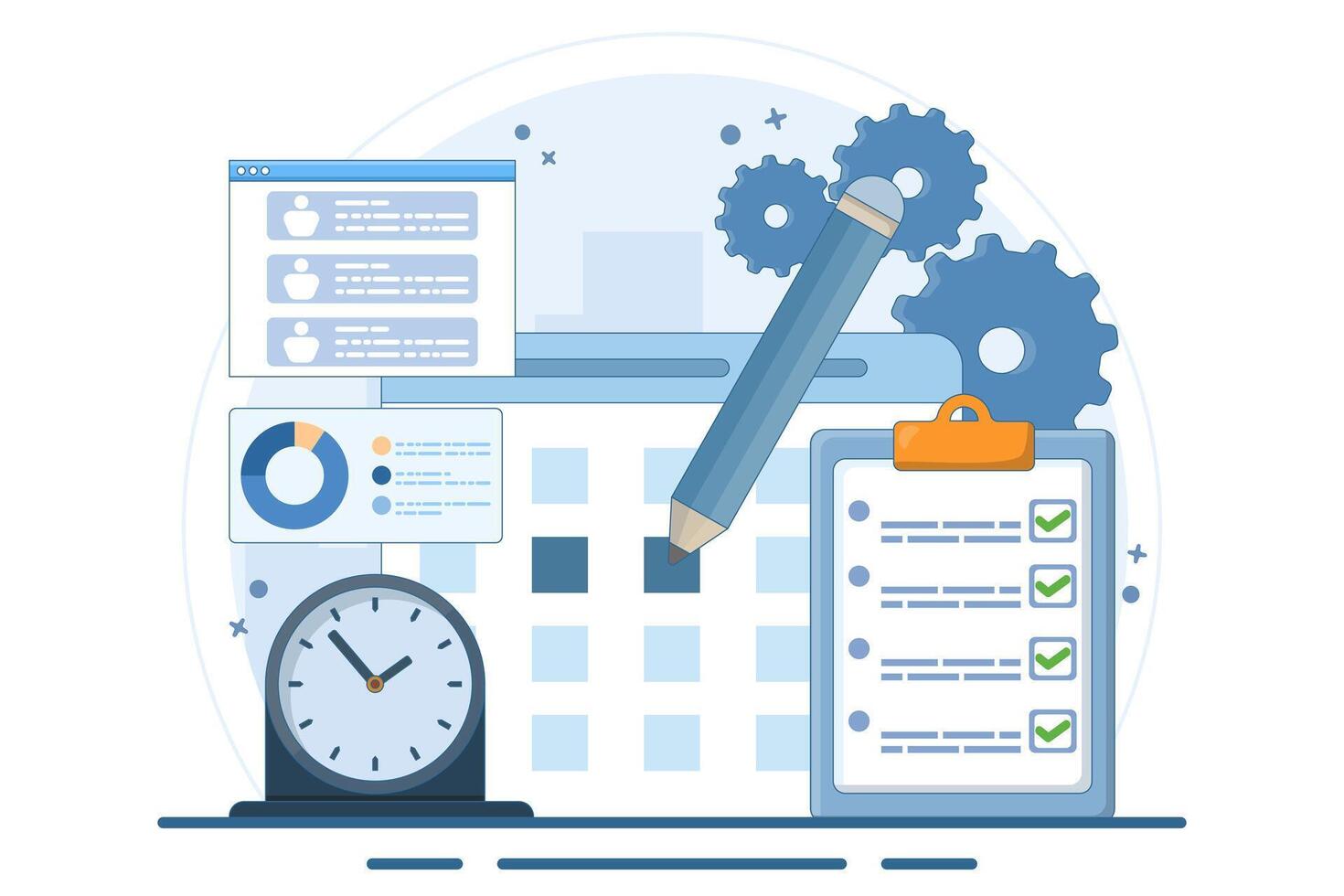 Business planning concept, business team working with online digital calendar. Planning Schedule, Leaving Notes, Managing and Organizing Work and Time. Time management. Flat illustration. vector