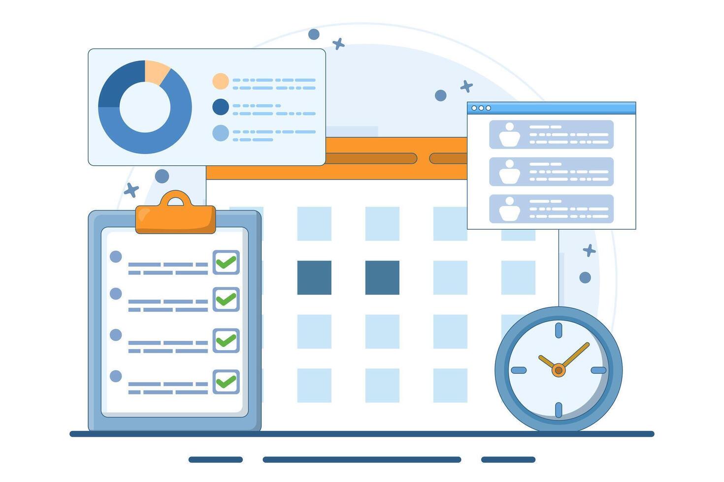 Business planning concept, business team working with online digital calendar. Planning Schedule, Leaving Notes, Managing and Organizing Work and Time. Time management. Flat illustration. vector