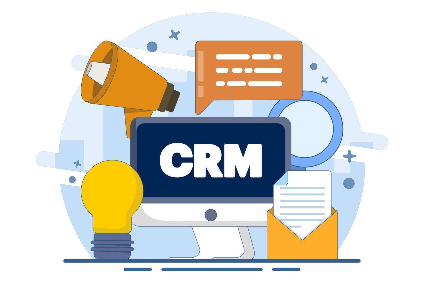 Customer Relationship Management or CRM Concept, Organizing data about work with clients, Corporate Strategy Planning, Business Data Analysis. Flat illustration on background. vector