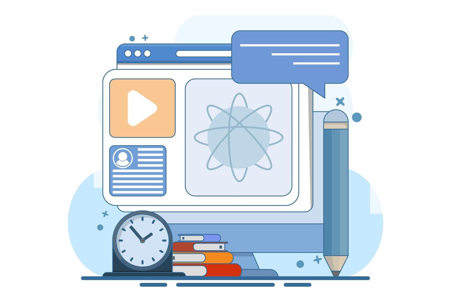 Modern online education concept for website banner. e-learning, internet courses, applied learning, university studies, classroom, tutorials, library on computer. flat illustration. vector