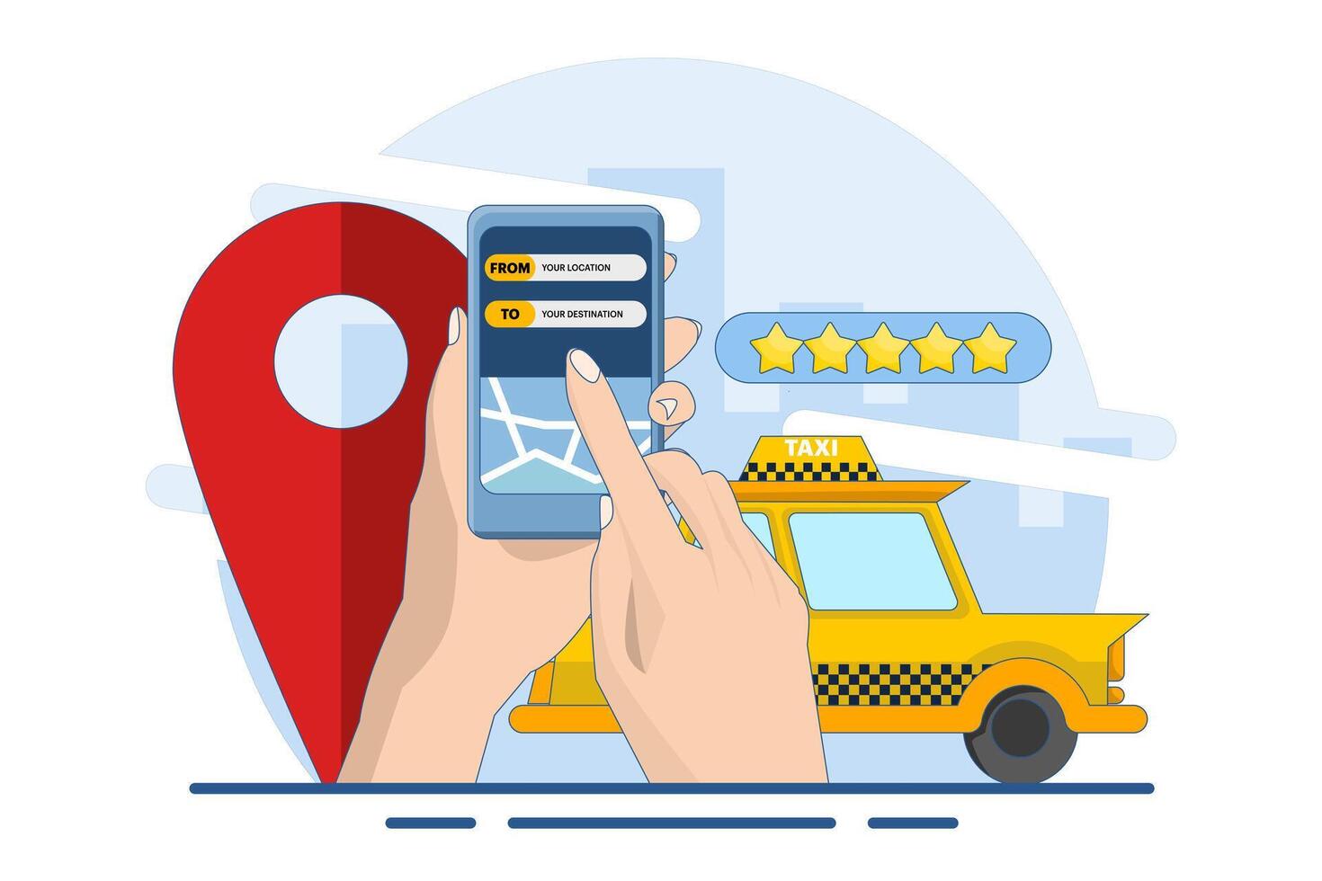 Concept Find online taxi drivers, Online taxi, Taxi service app, Rent and share car, Long distance car sharing, Navigation pin. Taxi service app on smartphone screen. Flat illustration. vector