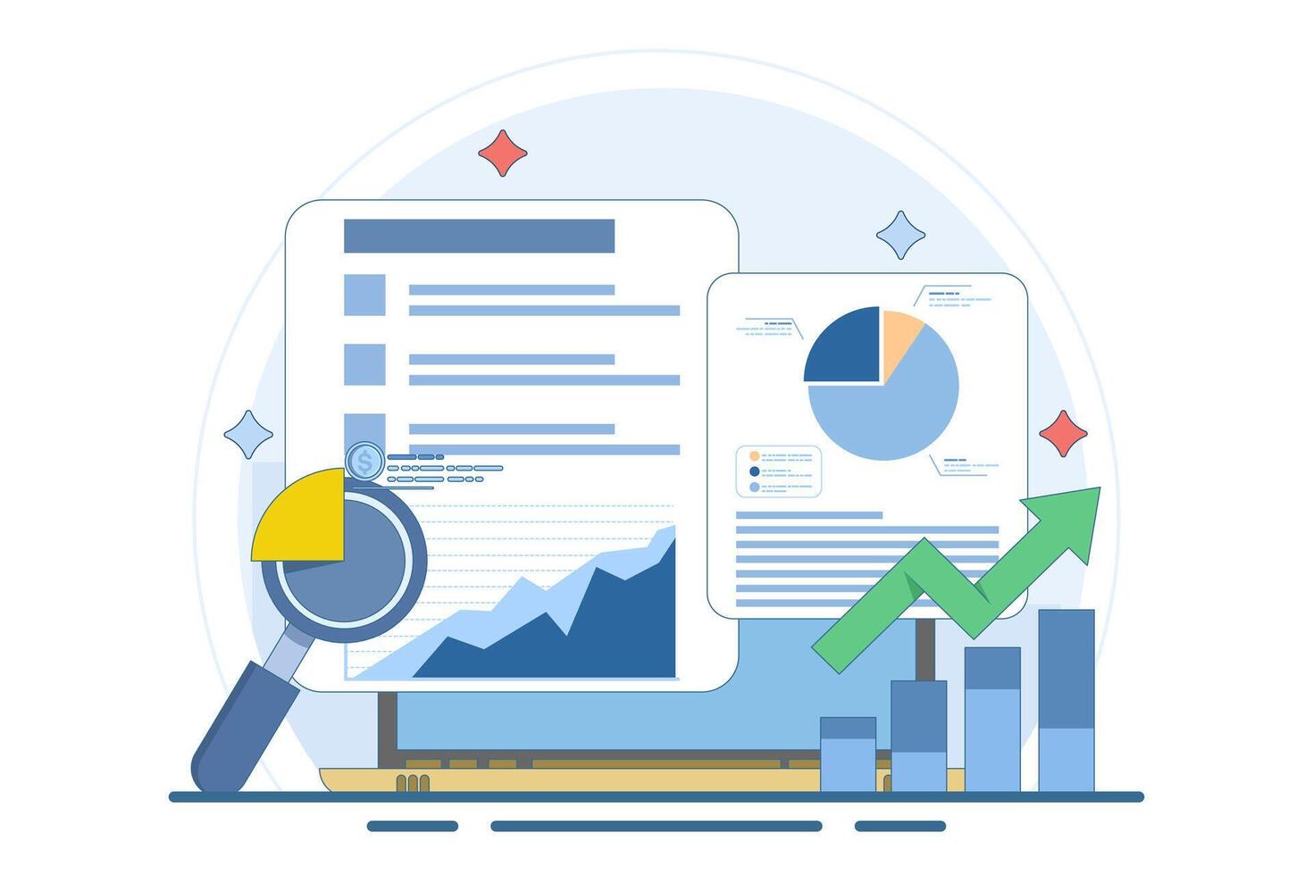 Business data analysis report concept, Business people analyzing business report, Business, financial growth analysis, Analysis software, flat illustration on background. vector