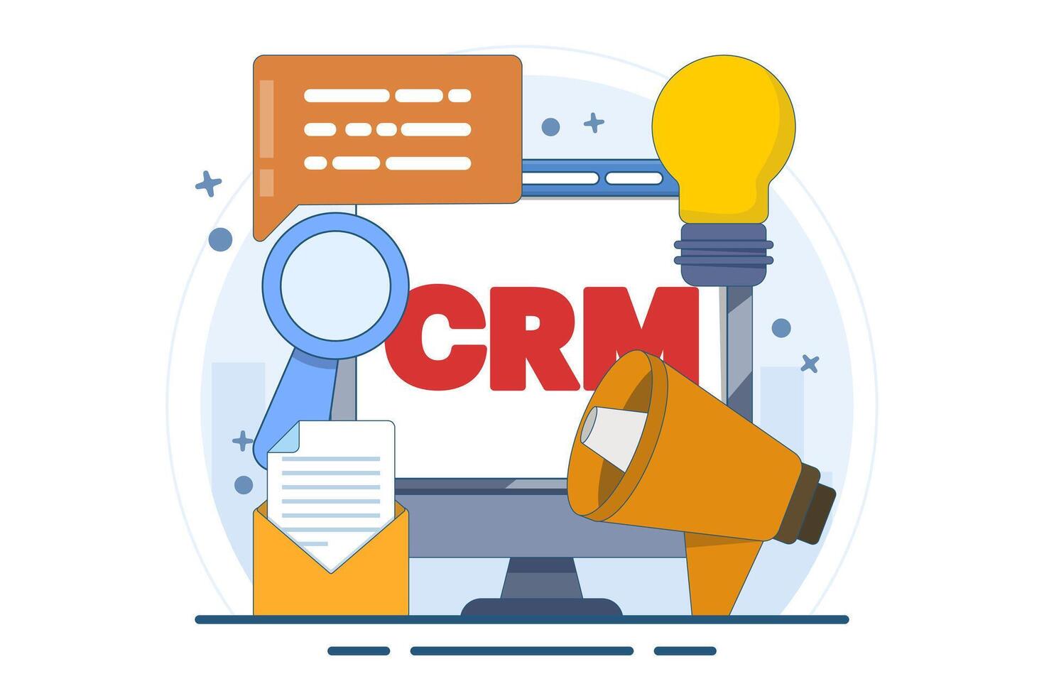 Customer Relationship Management or CRM Concept, Organizing data about work with clients, Corporate Strategy Planning, Business Data Analysis. Flat illustration on background. vector