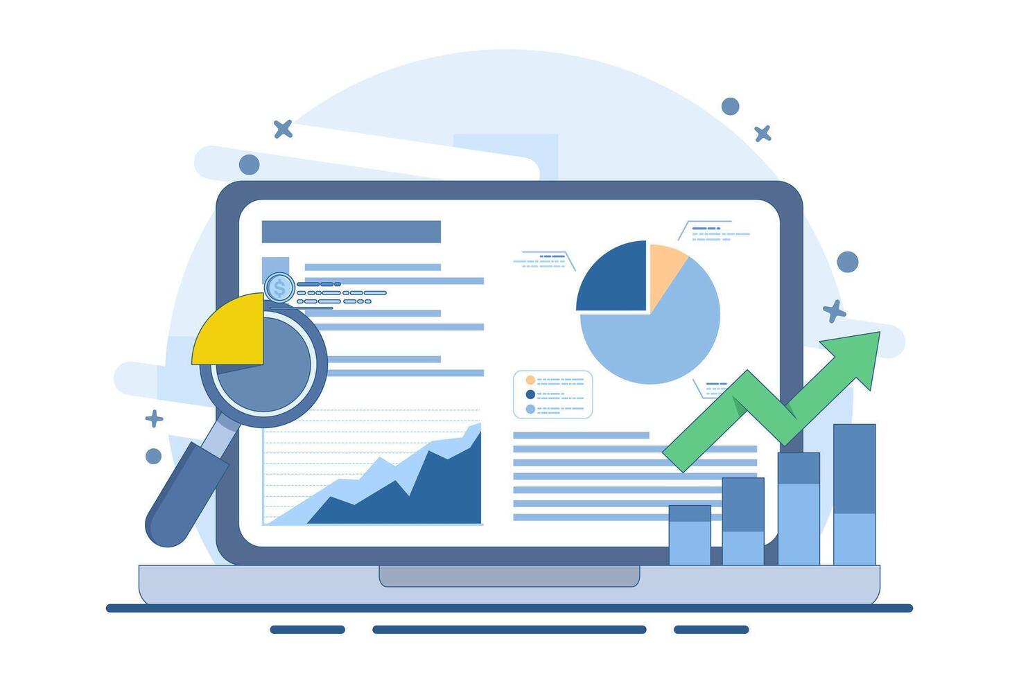 Business data analysis report concept, Business people analyzing business report, Business, financial growth analysis, Analysis software, flat illustration on background. vector