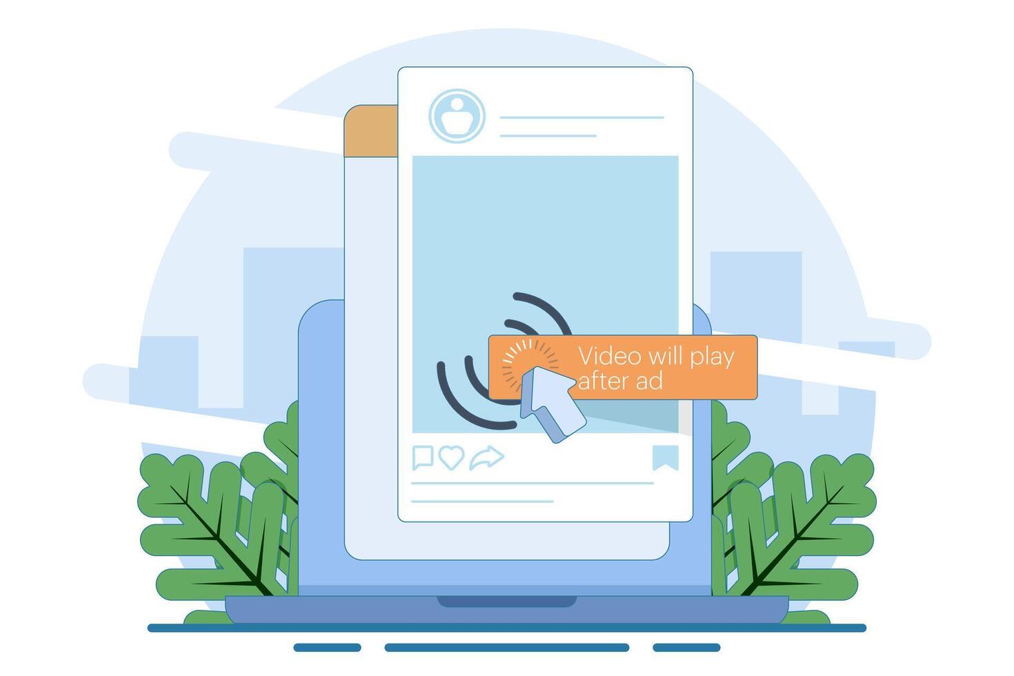 Unskippable Social Media Ads Concept. In-stream short ads that viewers have to watch while watching the . Digital marketing business promotion is running with online broadcasting. vector