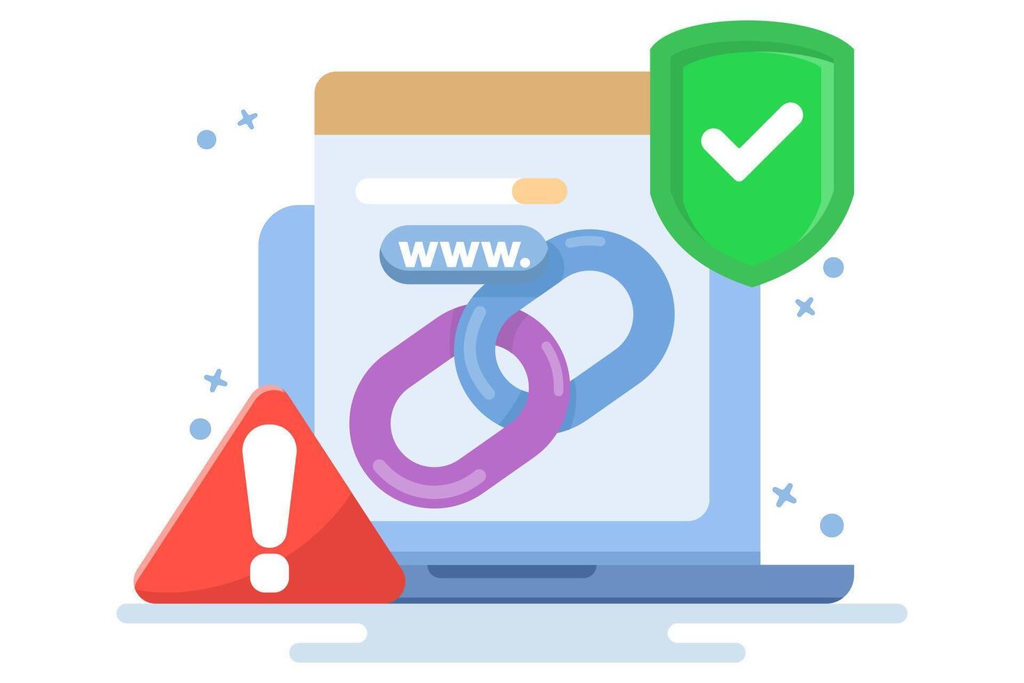 concept of protection from malicious links. unsafe website addresses. dangerous and suspicious url addresses. chain with shield symbol and warning sign. flat illustration. vector