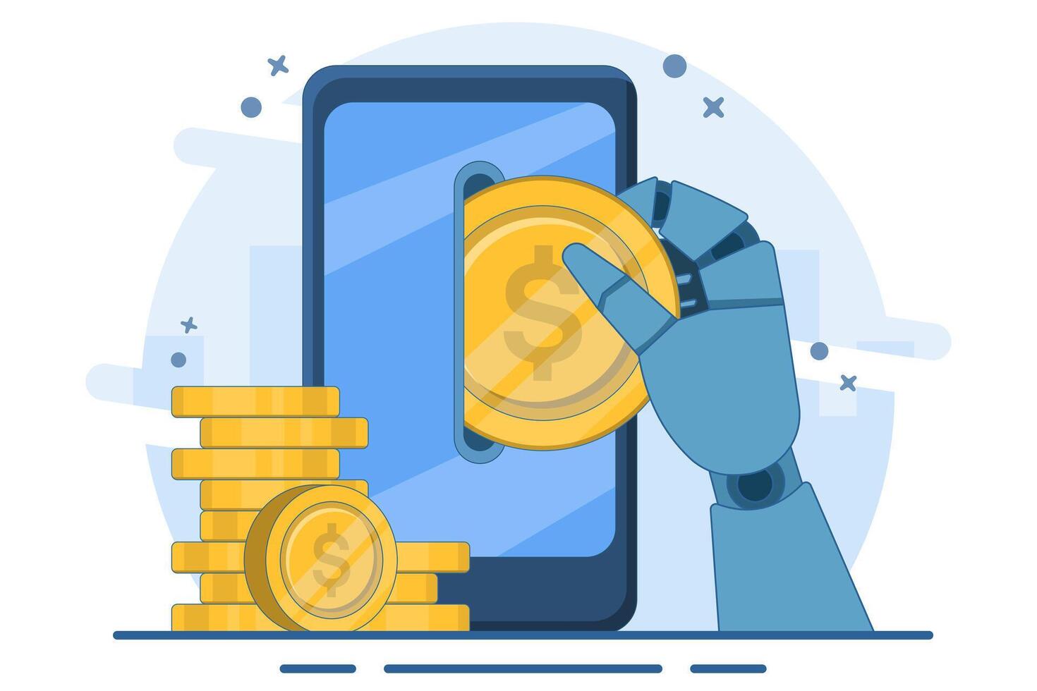 Concept of making money online, Smart phone in businessman's hand, gold coins, digital marketing. Bag with cash. Business finance budget concept. Flat on background. vector