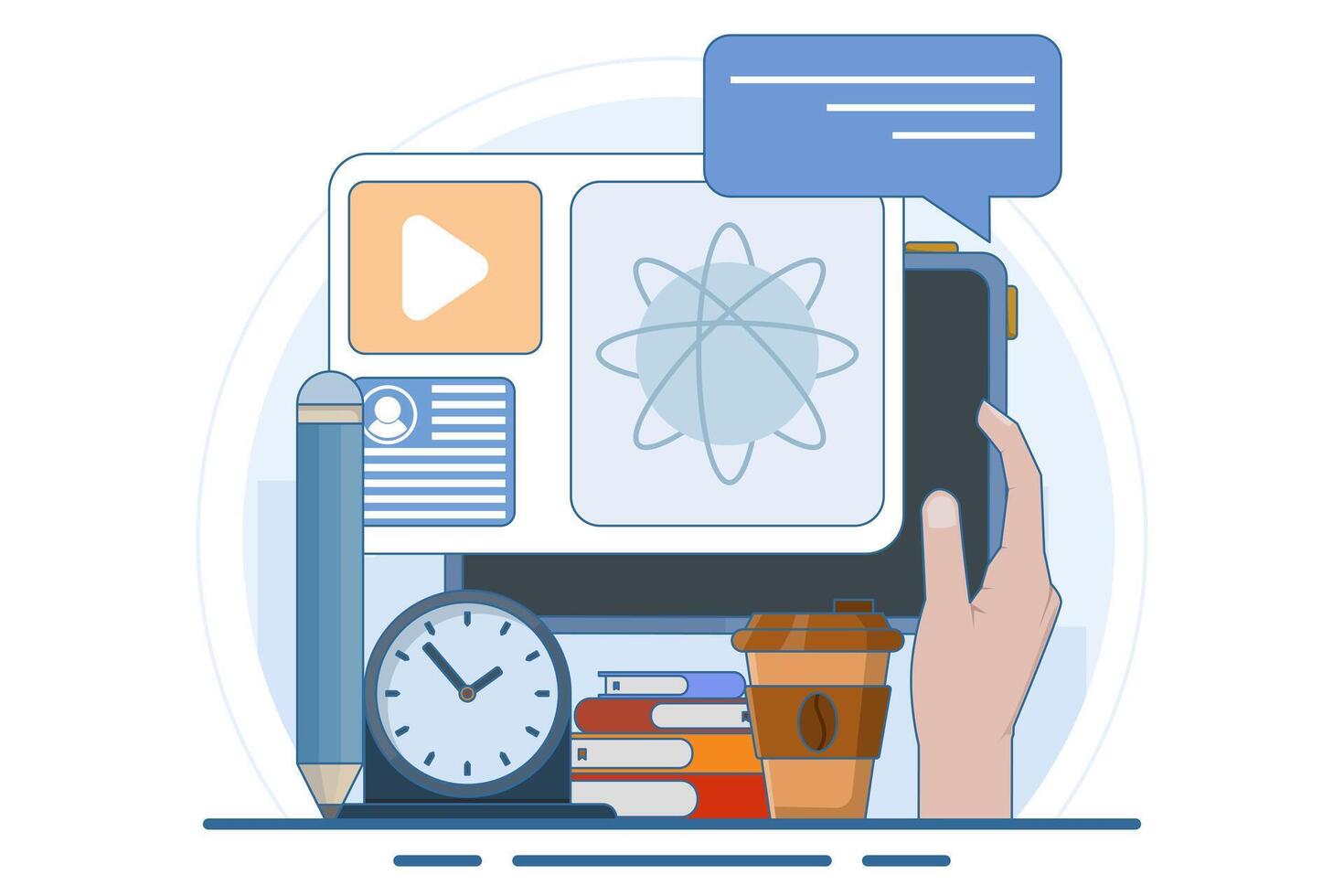 Modern online education concept for website banner. e-learning, internet courses, applied learning, university studies, classroom, tutorials, library on computer. flat illustration. vector