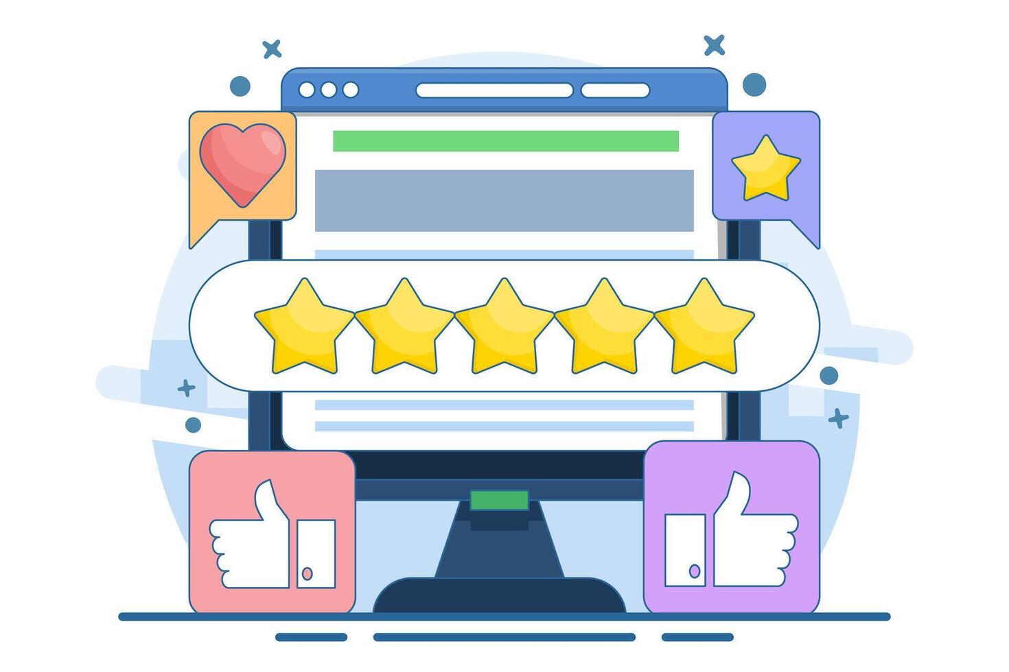 User rating concept, Customer feedback, best quality rating by clients, five star rating, high quality product or good quality service, Best star rating, flat illustration. vector