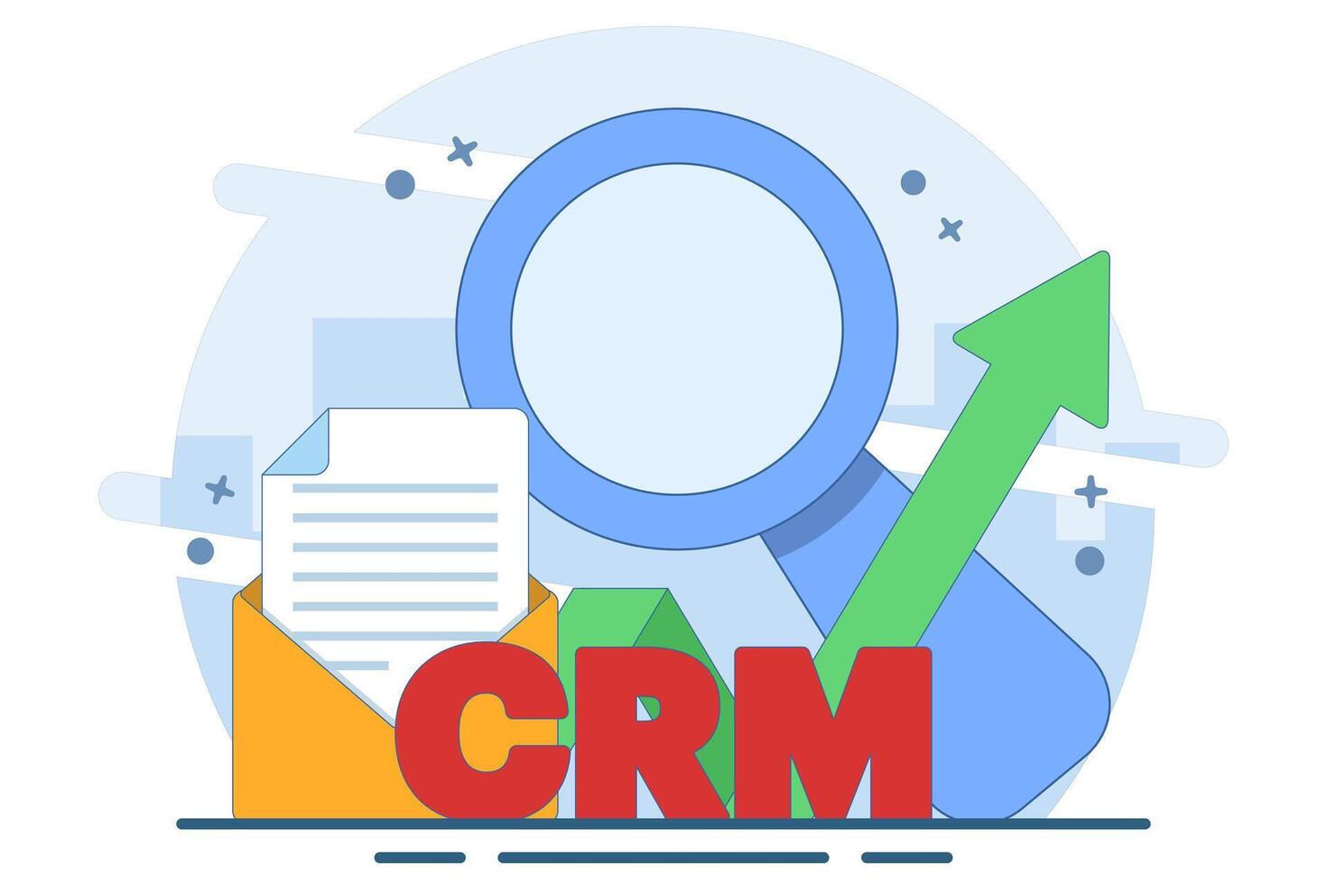Customer Relationship Management or CRM Concept, Organizing data about work with clients, Corporate Strategy Planning, Business Data Analysis. Flat illustration on background. vector