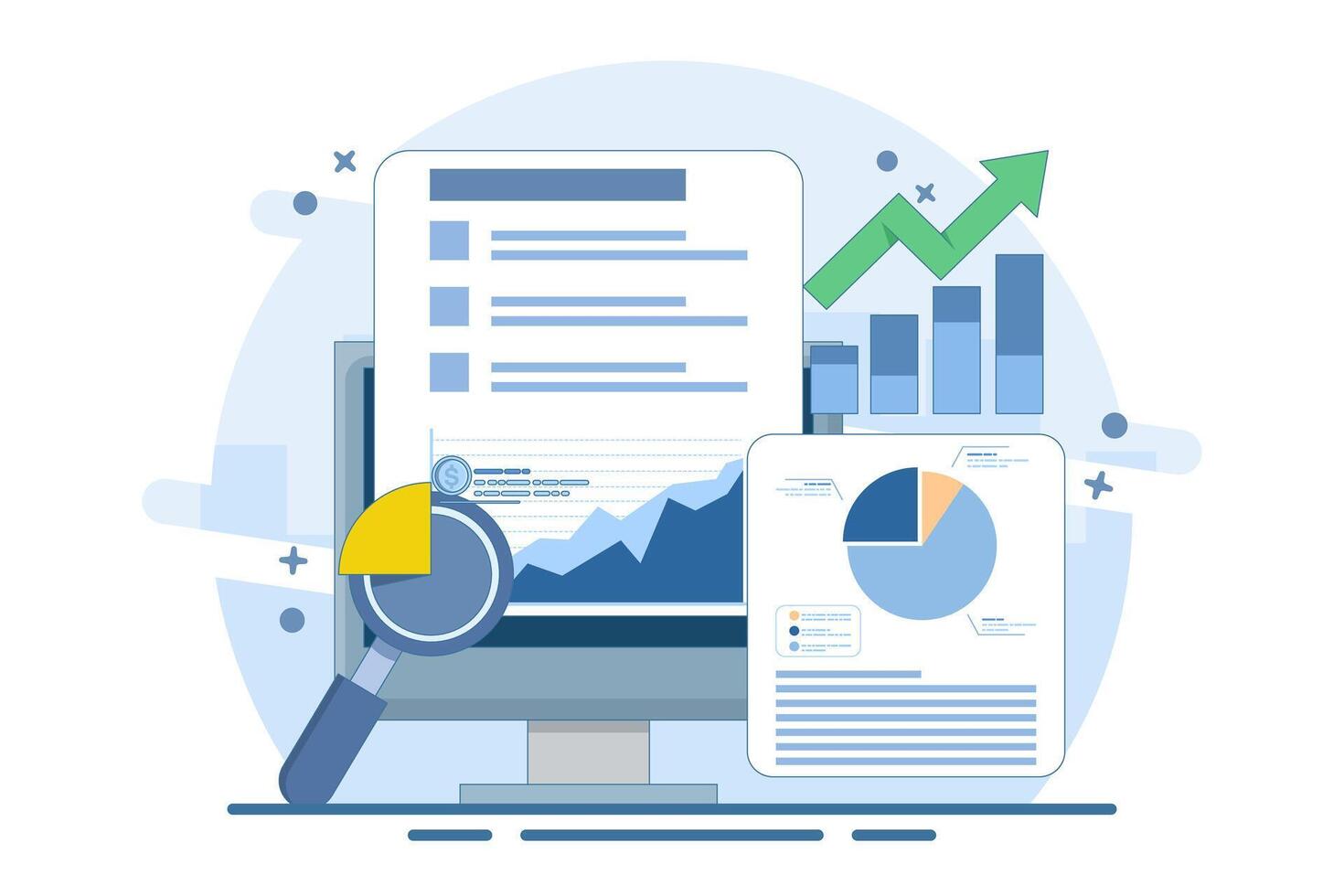 Business data analysis report concept, Business people analyzing business report, Business, financial growth analysis, Analysis software, flat illustration on background. vector
