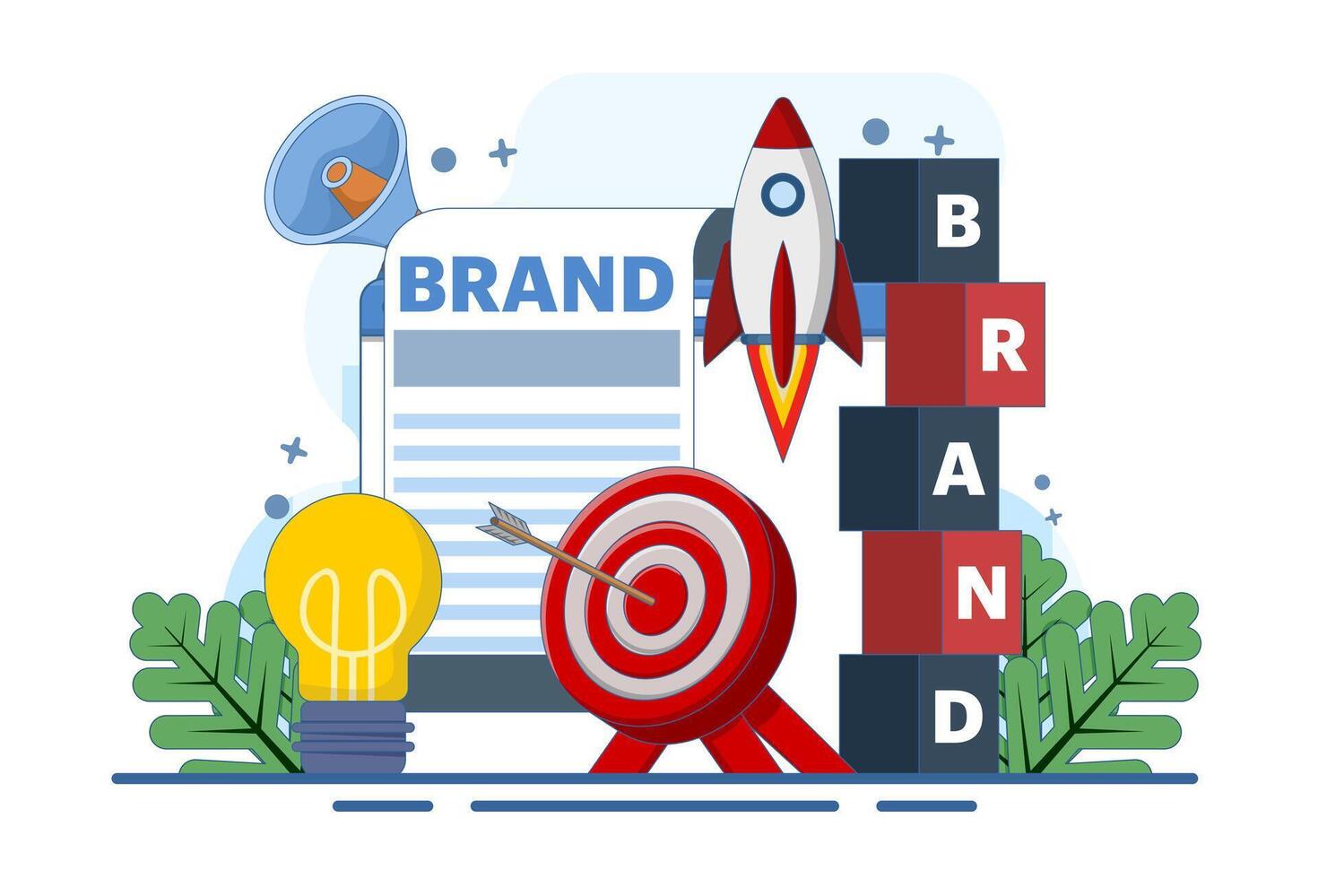 brand building concept, building the word BRAND using blocks. brand awareness, strategies to promote products and sales, marketing and advertising to improve the company's reputation. vector