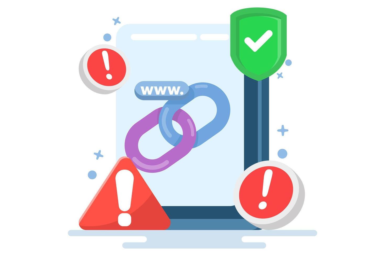 concept of protection from malicious links. unsafe website addresses. dangerous and suspicious url addresses. chain with shield symbol and warning sign. flat illustration. vector