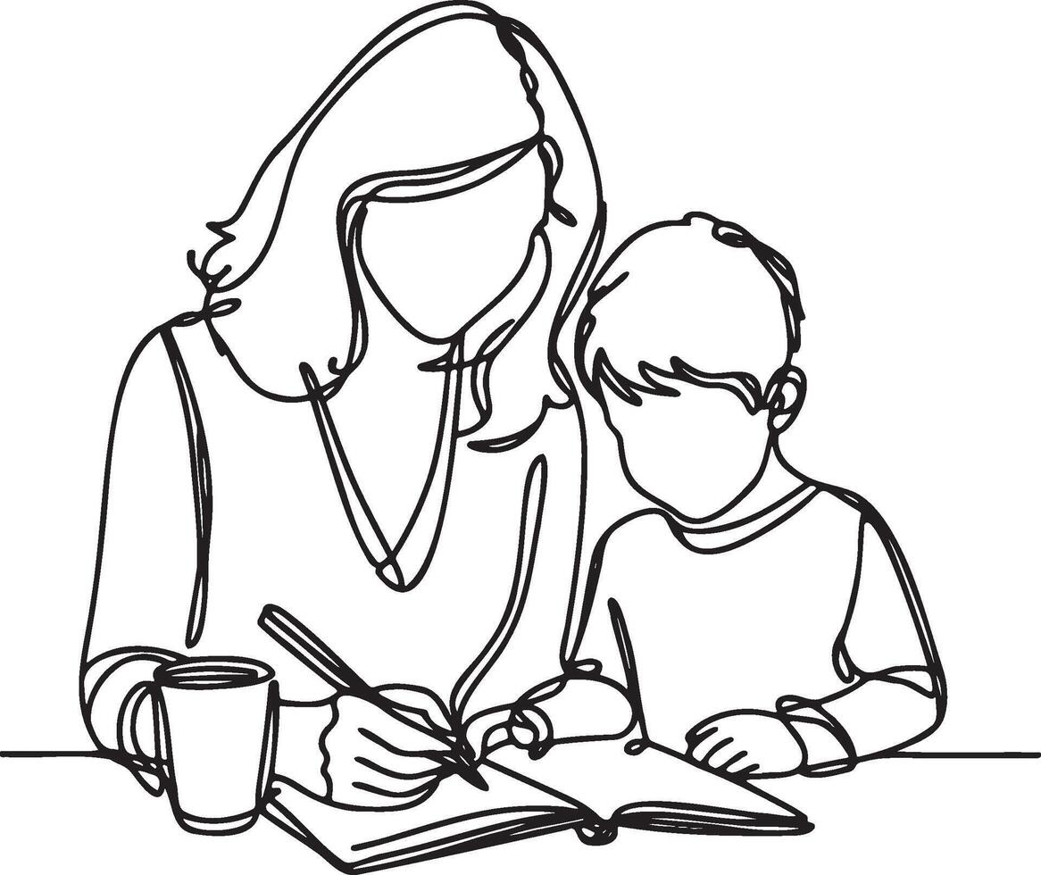 Mother Teach Kid Read Book Line Art. vector