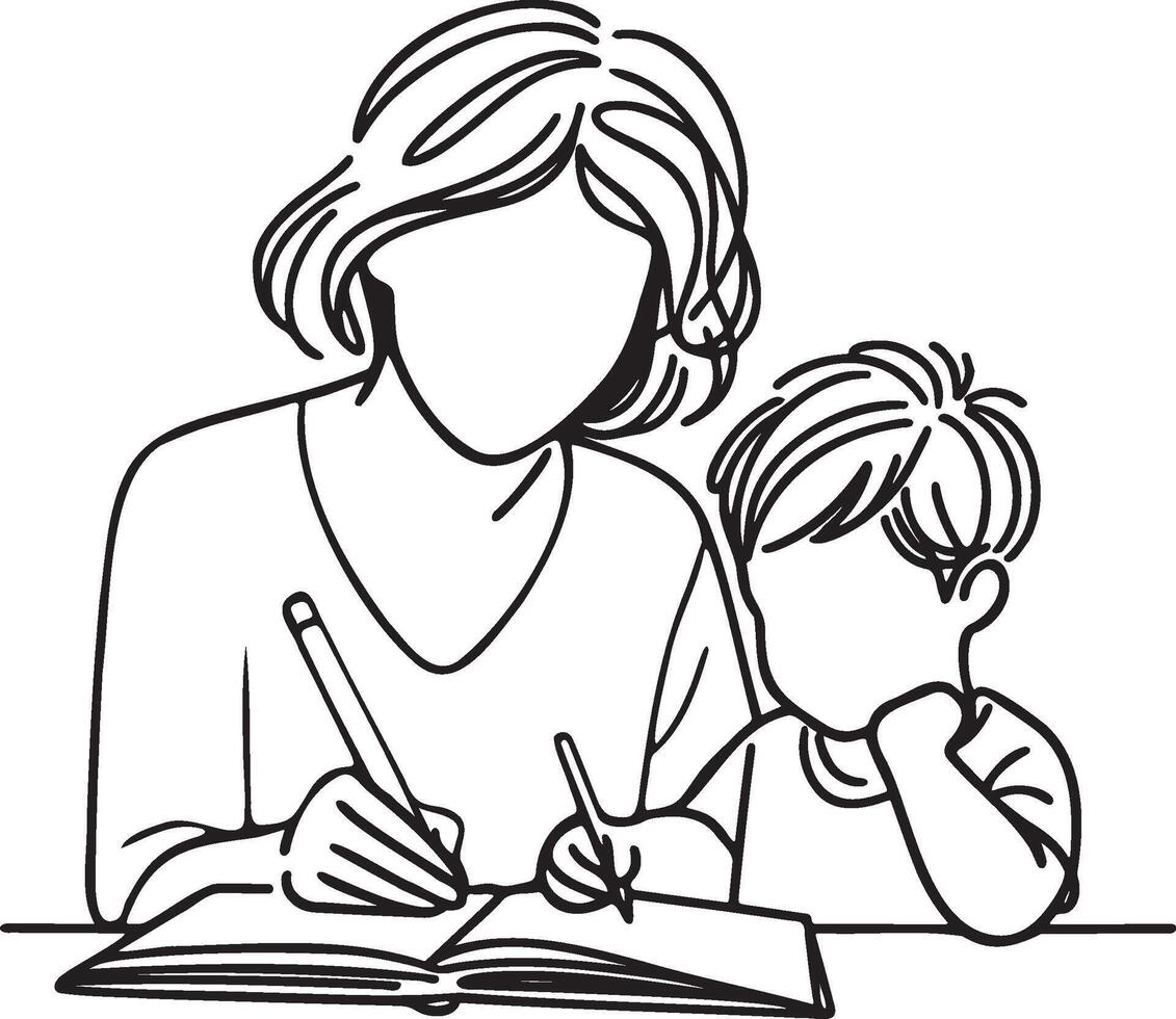 Mother Teach Kid Read Book Line Art. vector