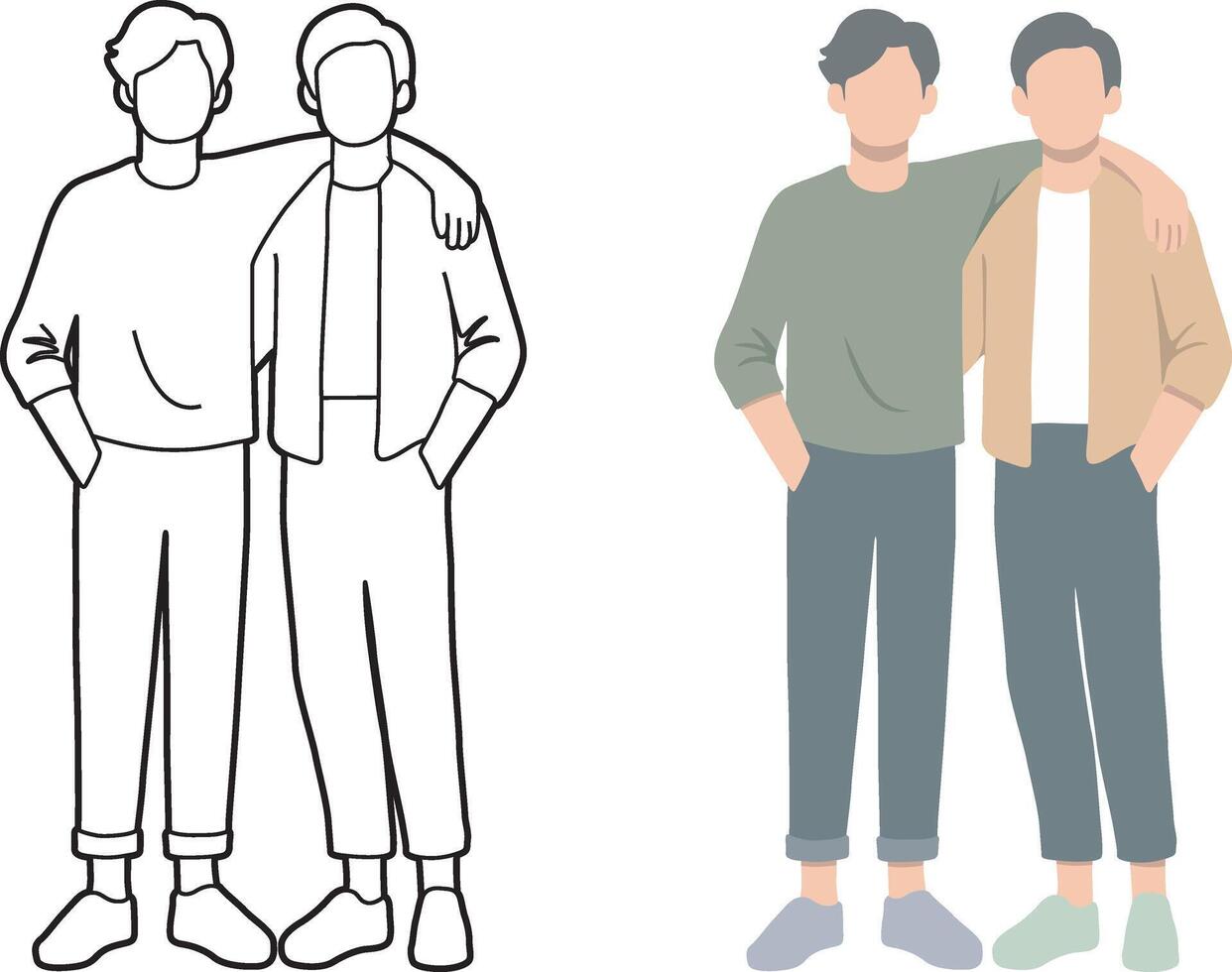Front View of Two Friends Together Illustration. Arm Around Each Other's Shoulder. vector