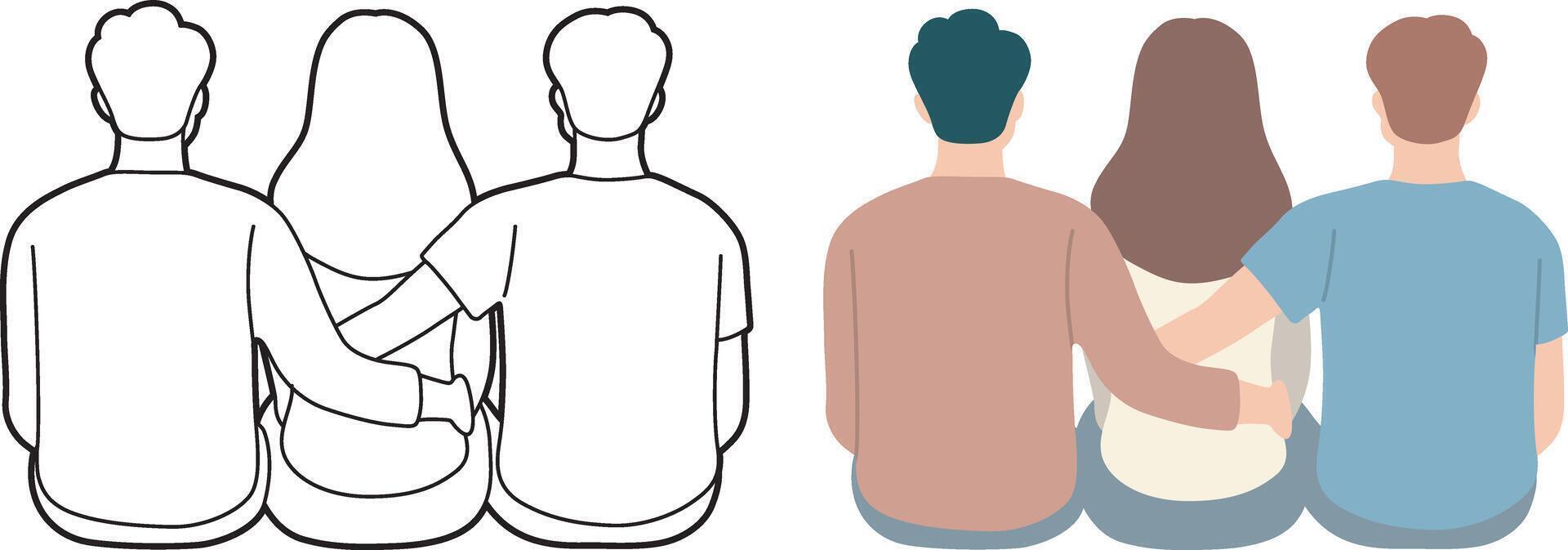 Back View of Friends Sitting Together Illustration. One Woman and Two Men. Love Triangle. vector