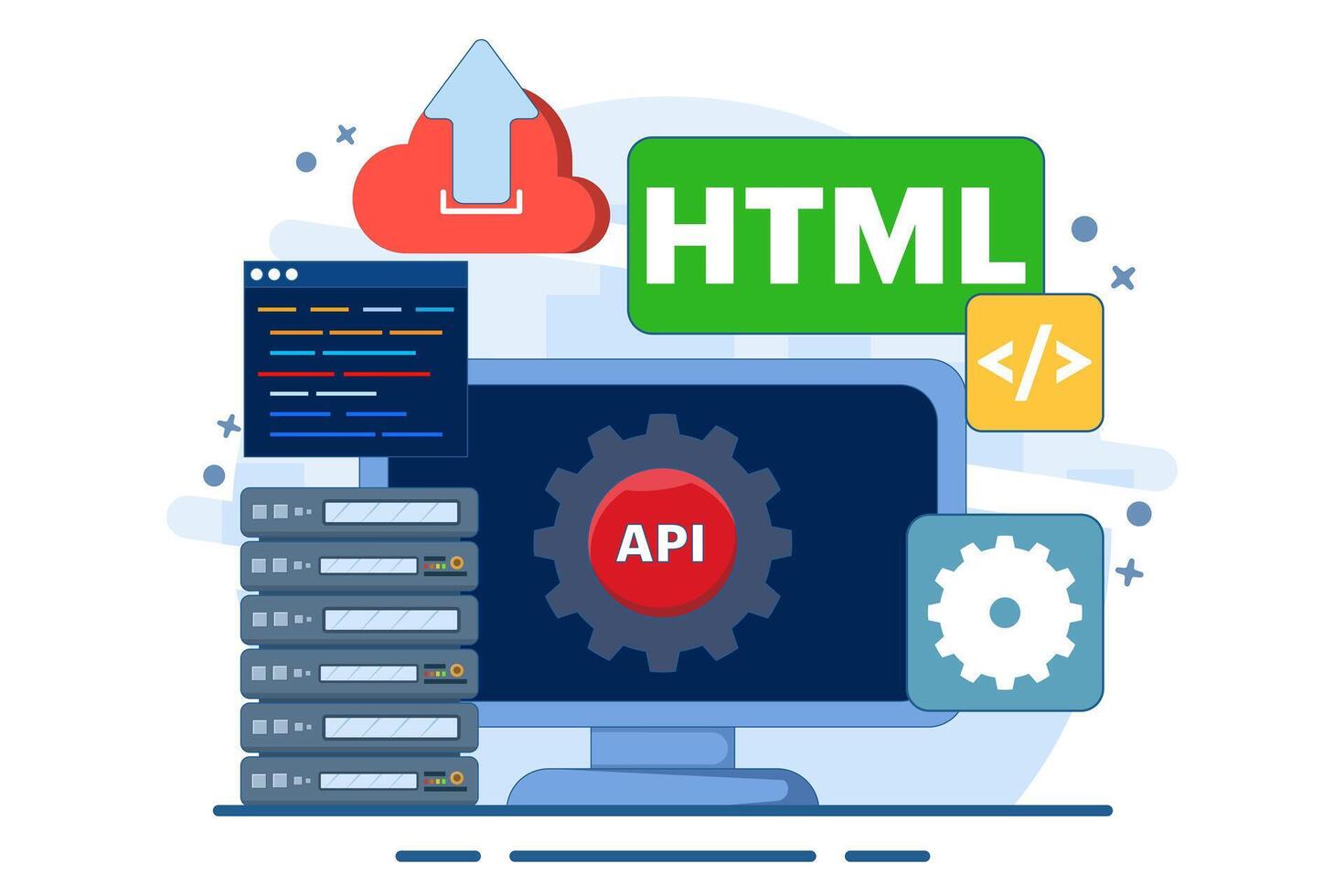 Application Programming Interface Concept, API provides an interface for communication between applications, software development tools, the Internet and networks, flat illustration. vector