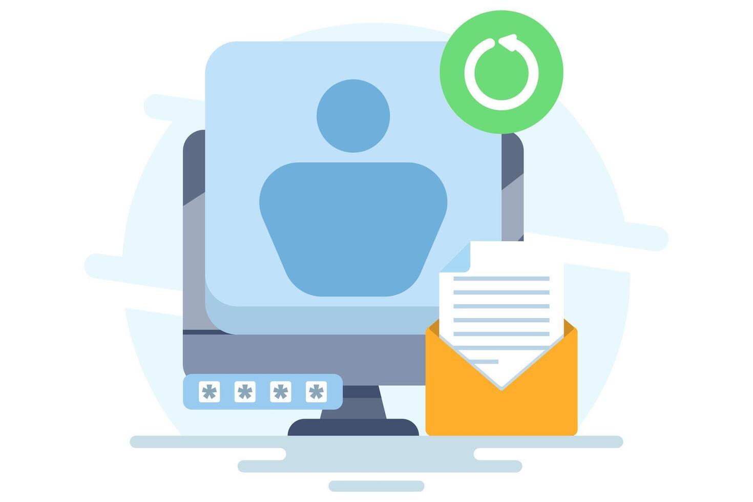 account recovery service concept. recover account information data. sync. profile symbol, with repeating arrows, and information symbol. flat illustration on background. vector