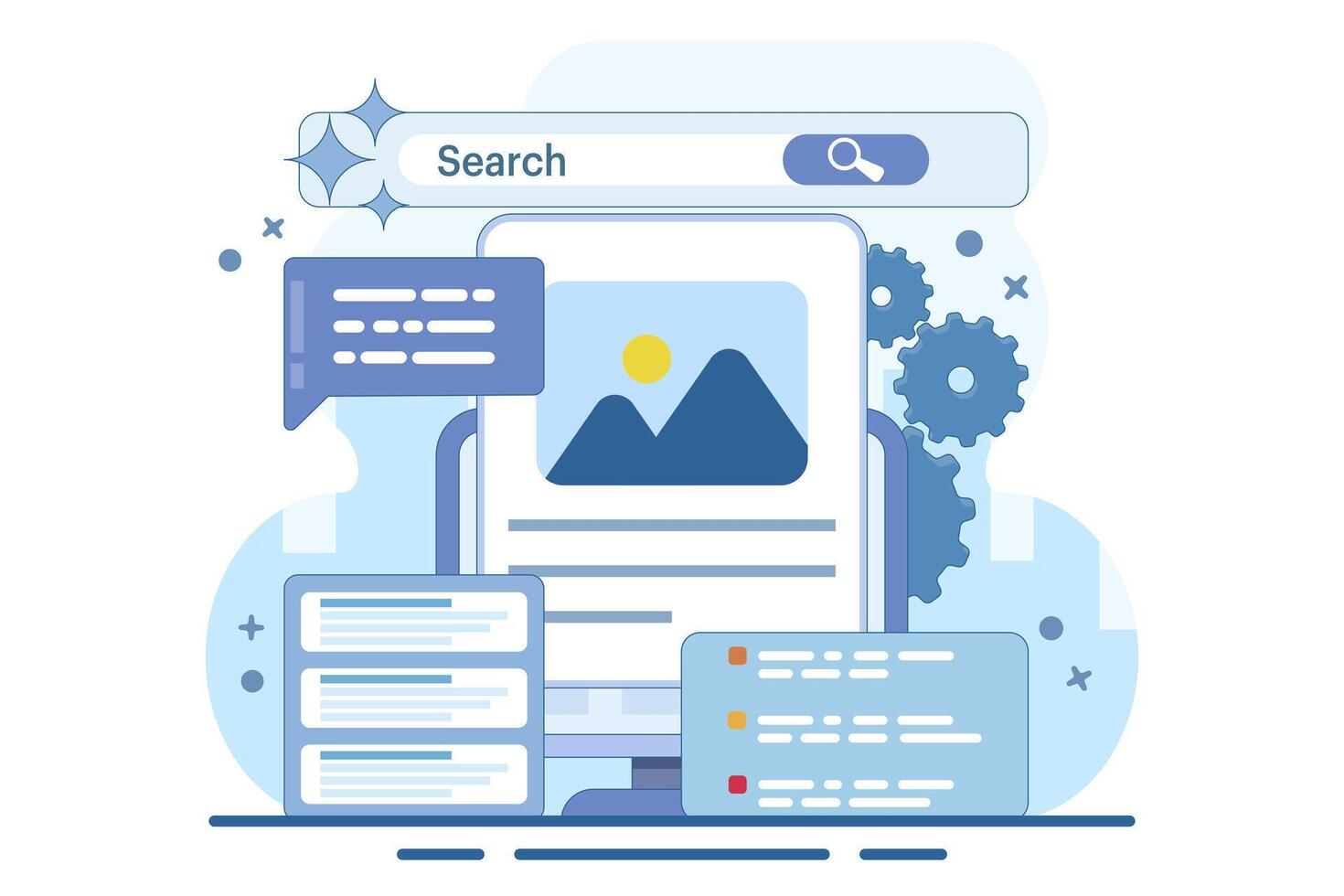 Search concept using AI, AI search technology is the background of SGE search experience. Transform online search with . Simple illustration with modern icons in the background. vector