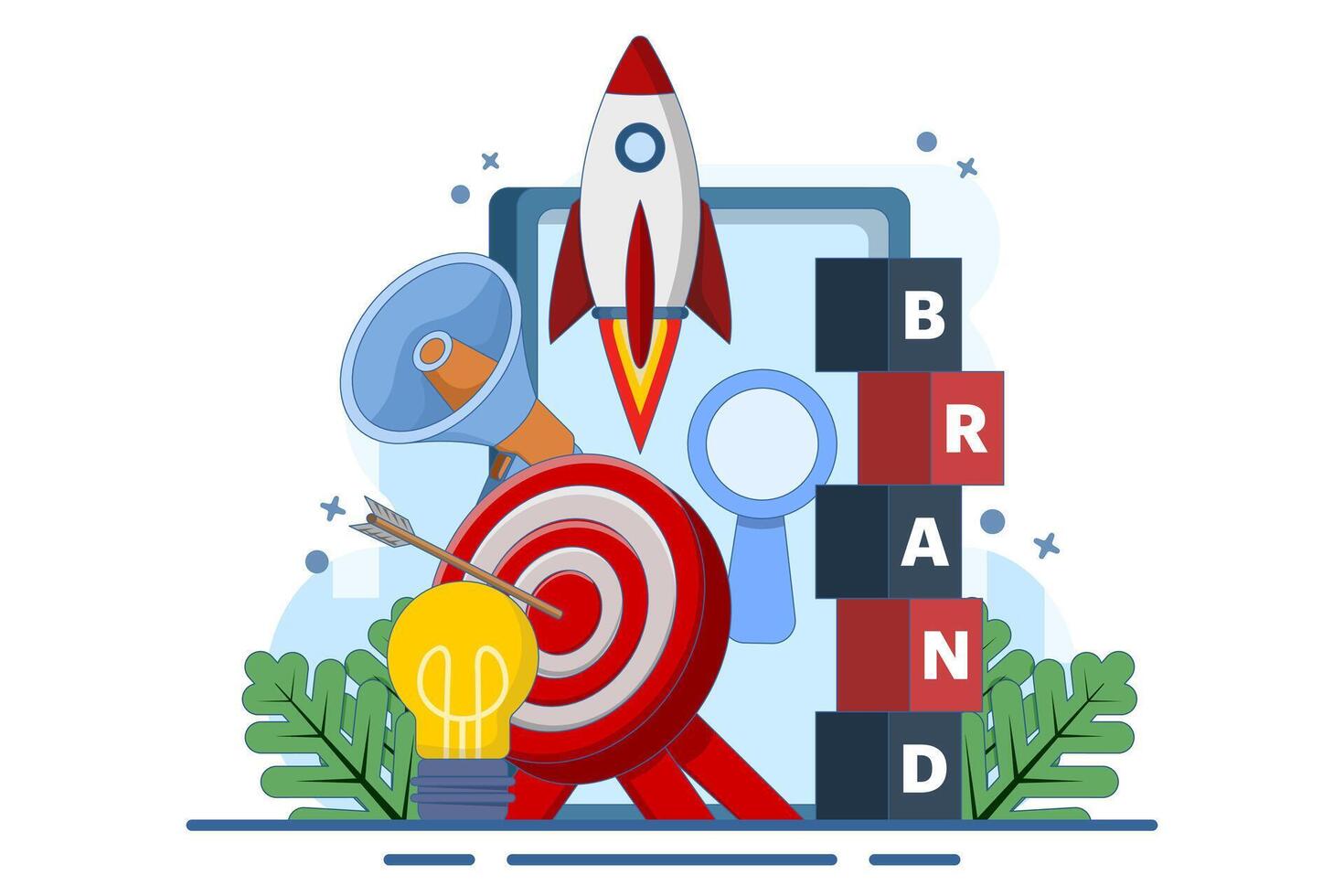brand building concept, building the word BRAND using blocks. brand awareness, strategies to promote products and sales, marketing and advertising to improve the company's reputation. vector