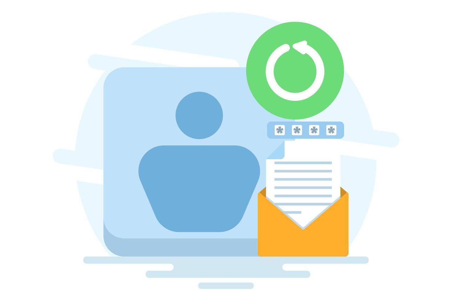 account recovery service concept. recover account information data. sync. profile symbol, with repeating arrows, and information symbol. flat illustration on background. vector