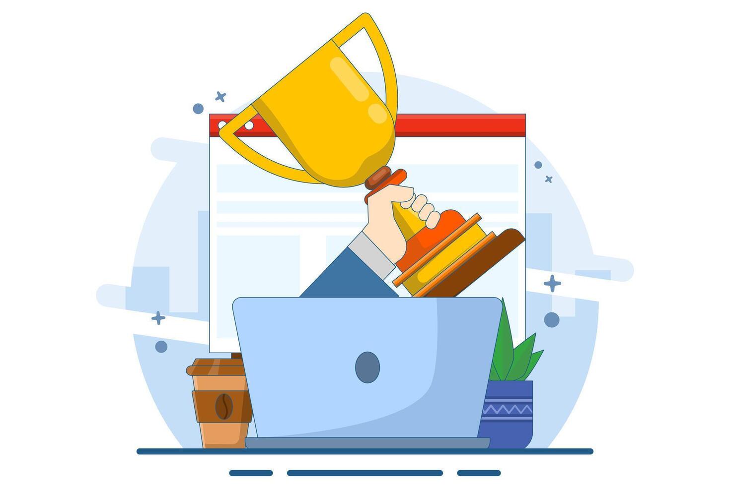 Online web award concept or digital internet website winner winning prize on laptop computer, flat cartoon winning gold trophy, championship competition prize, contest challenge winner. vector