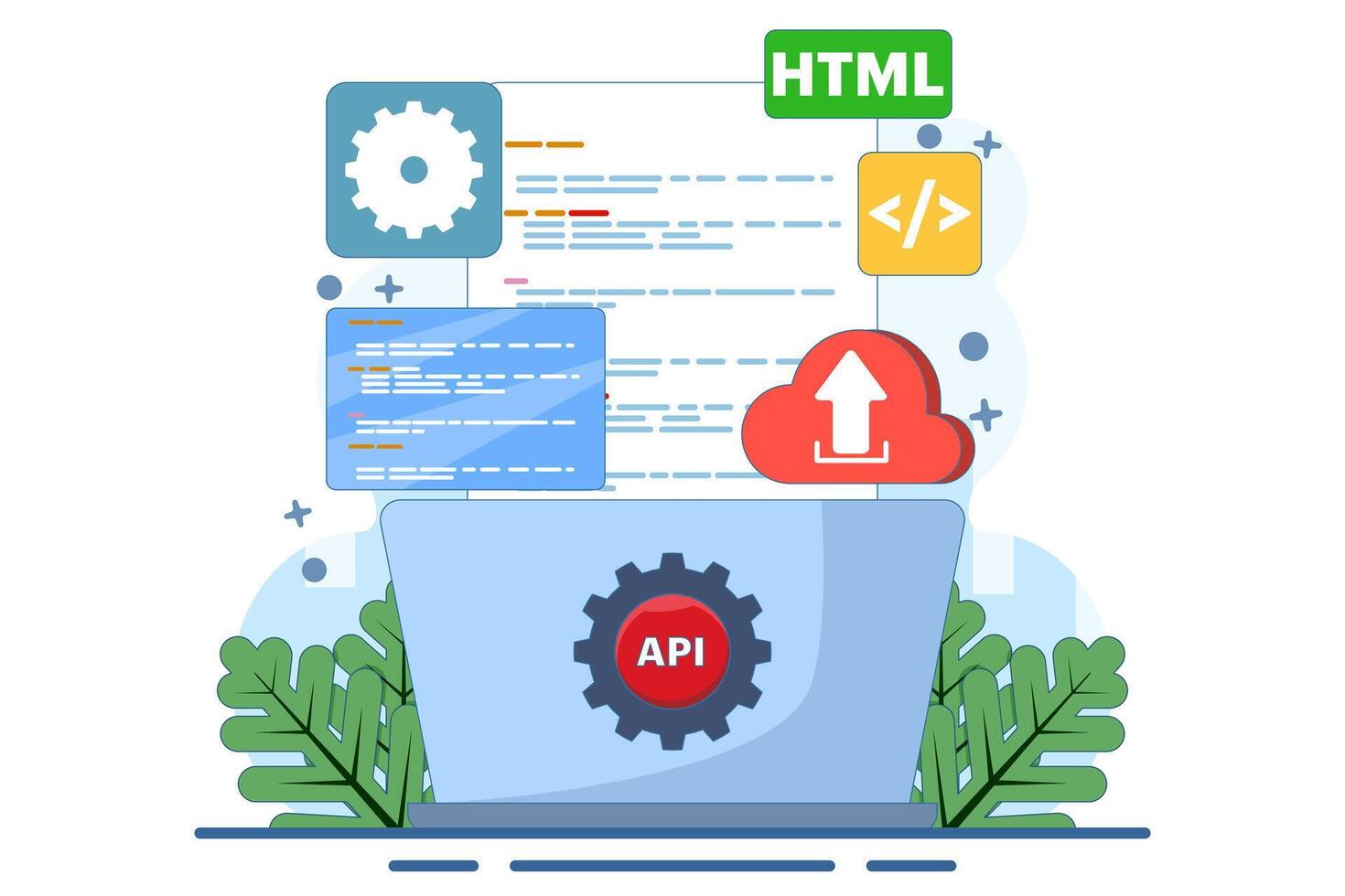 Application Programming Interface Concept, API provides an interface for communication between applications, software development tools, the Internet and networks, flat illustration. vector