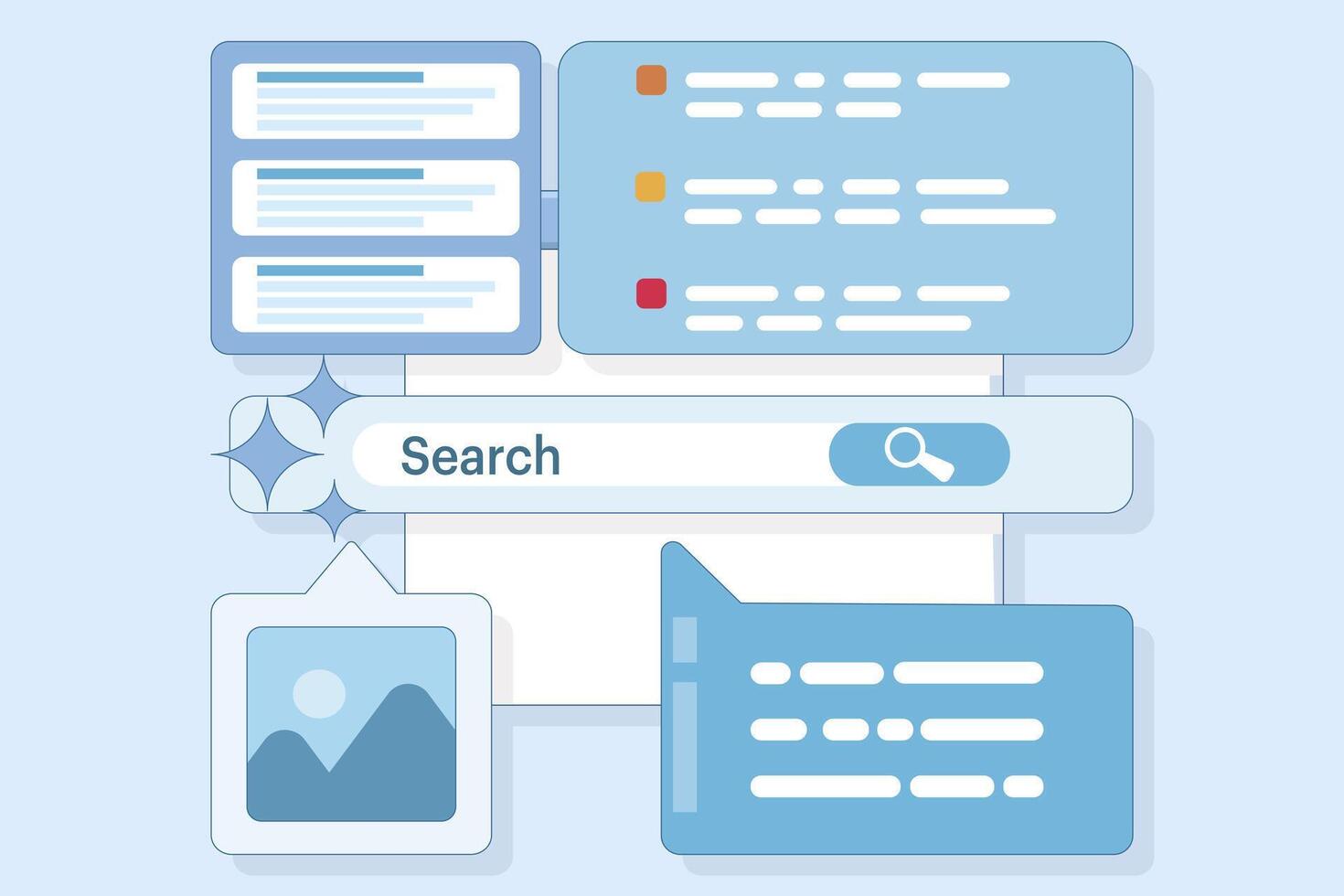 Search concept using AI, AI search technology is the background of SGE search experience. Transform online search with . Simple illustration with modern icons in the background. vector