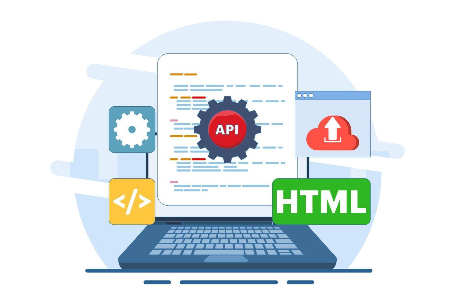 solicitud programación interfaz concepto, api proporciona un interfaz para comunicación Entre aplicaciones, software desarrollo herramientas, el Internet y redes, plano ilustración. vector