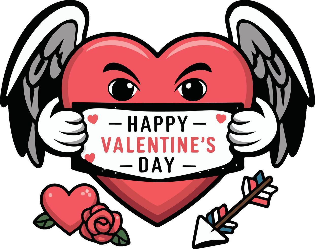 A mascot style illustration of a red heart with wings. The heart is holding a sign that says Happy Valentine's Day. Therelso hearts, roses, and a cupid ar are arow near the heart. vector