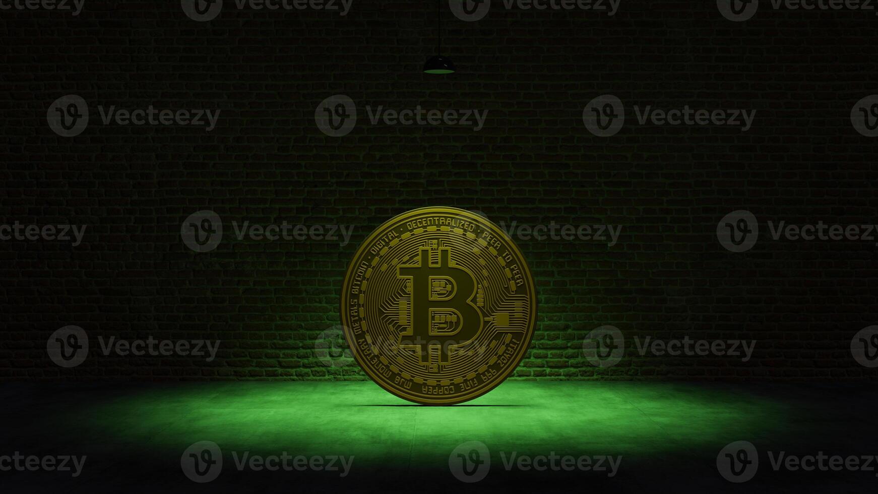 Golden Bitcoin under a green spotlight in front of a brick wall photo