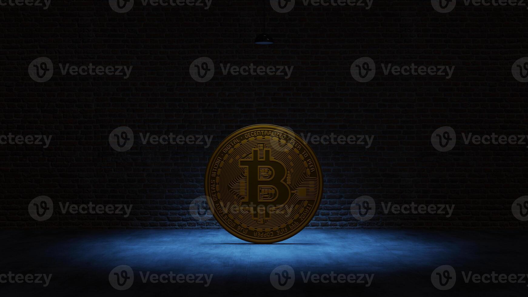 Golden Bitcoin under a blue spotlight in front of a brick wall photo