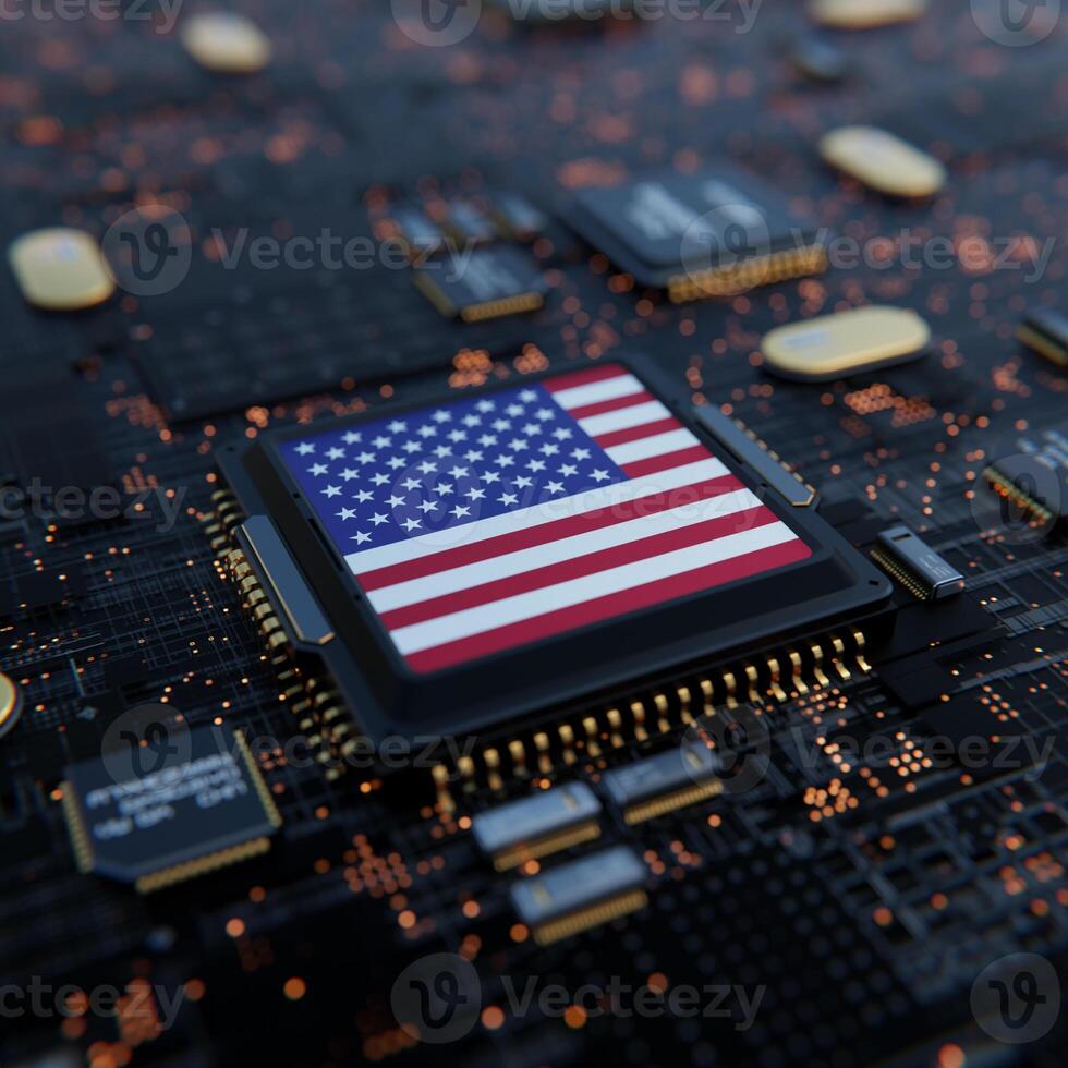 Flag of USA on a processor, CPU or Chip photo