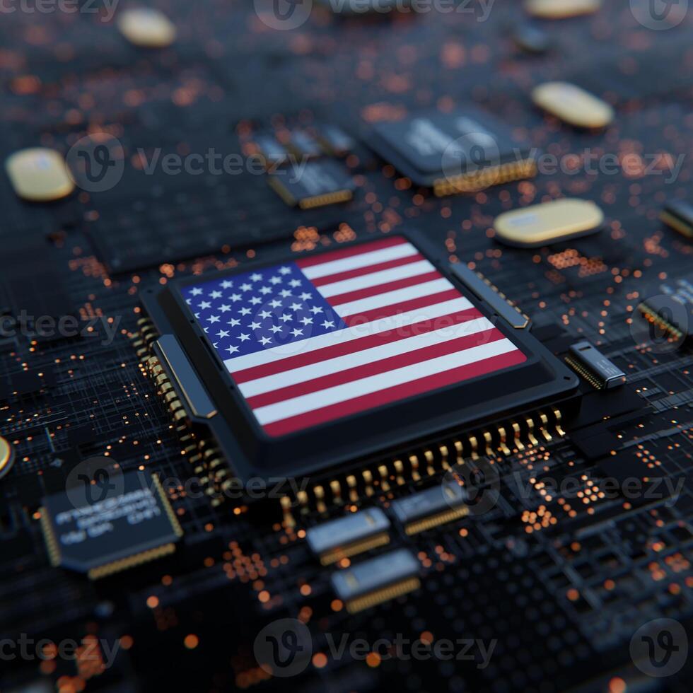 Flag of USA on a processor, CPU or Chip photo
