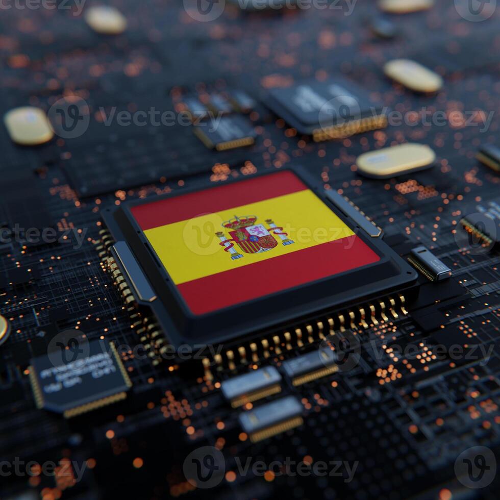 Flag of Spain on a processor, CPU or Chip photo