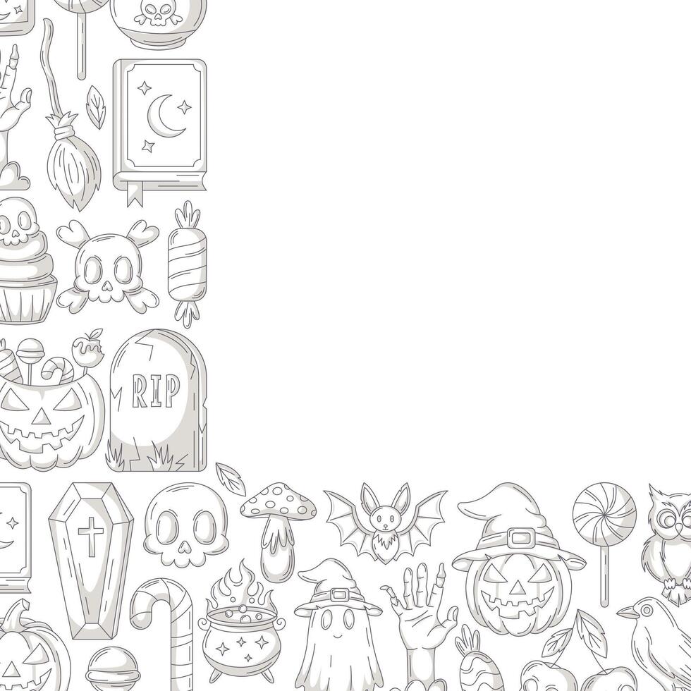 Halloween minimalist square poster, space for text. Corner frame with spooky gray icons from pumpkin, ghost, skull and bones, bat. For card, banner, invitation, social media, party or note vector