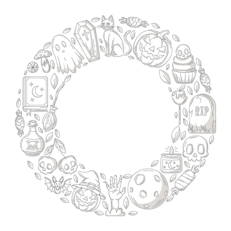 Halloween minimalist design, round frame with space for text in the middle. Geometric shape with spooky gray icons. Flat illustration for greeting card, invitation, print, social media, poster vector