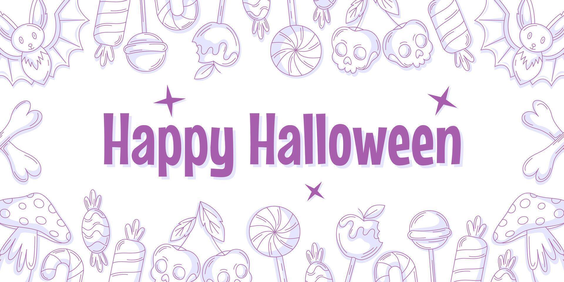 Happy Halloween minimalist background, horizontal greeting card with sweets frame. Candies, lollipop, skull shape cherry, bones and bat. Flat illustration for party, invitation, poster, banner vector