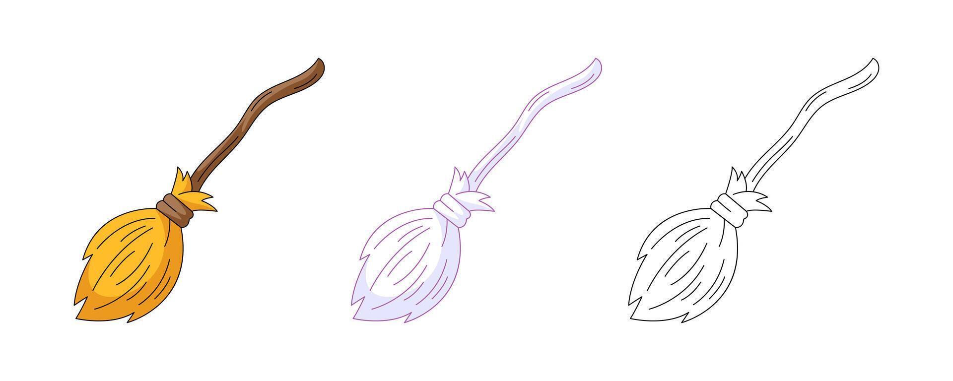 Broomstick, colorful and line icons set. Traditional halloween symbol, witch attribute. Flat icon, monochrome purple, color, outline illustration. For logo, sticker, coloring book, label, print vector